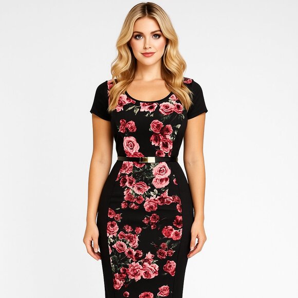 love J Dresses & Skirts - Love J. Floral Pencil Dress Juniors Medium Bodycon Black Pink Floral Roses